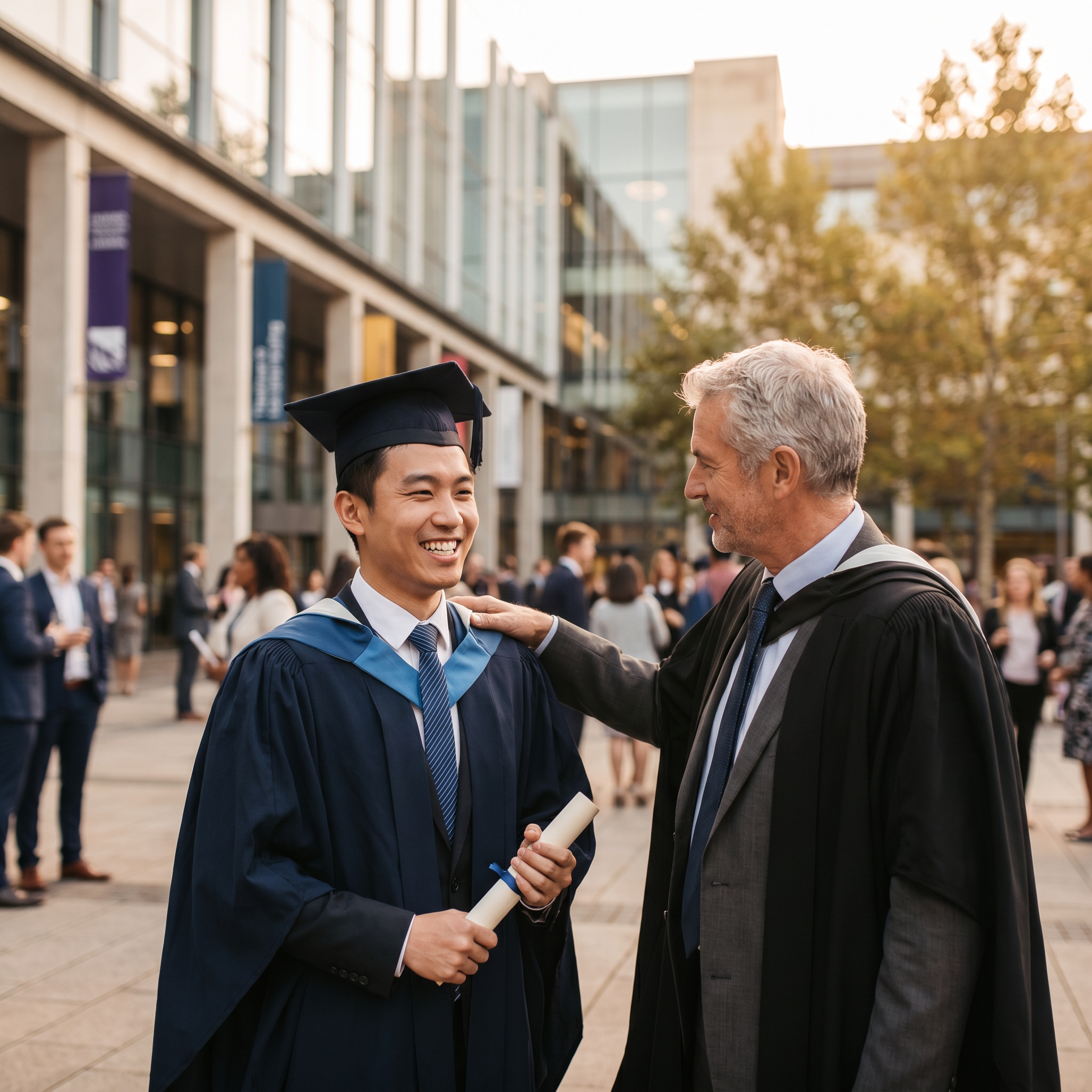 Graduate being congratulated at a graduation ceremony