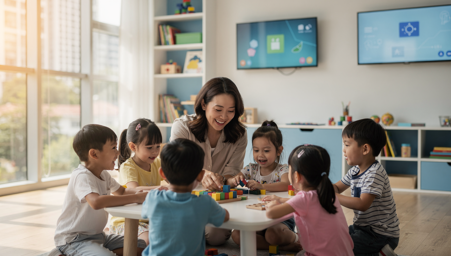 Educator leading an activity with young children in a classroom