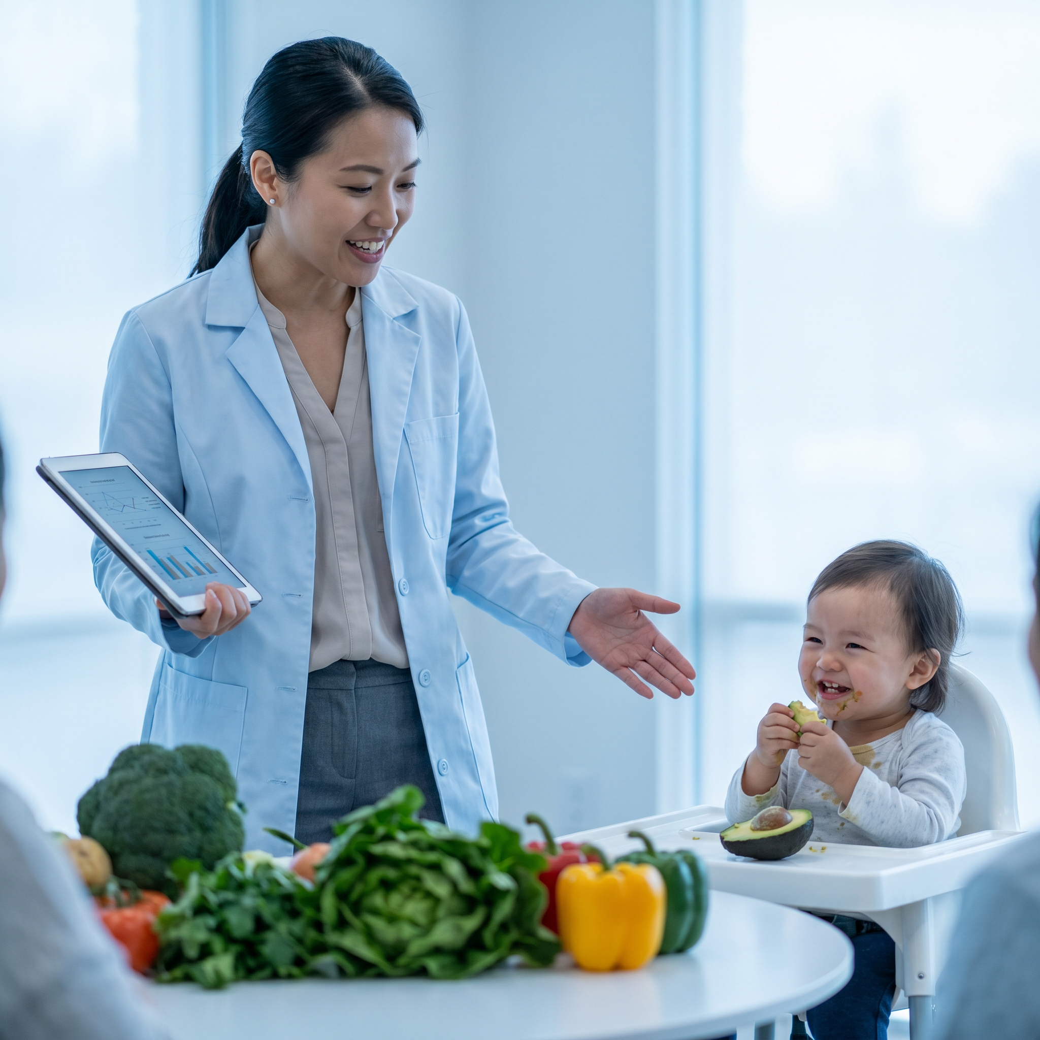 Consultant presenting beside a child in a high chair
