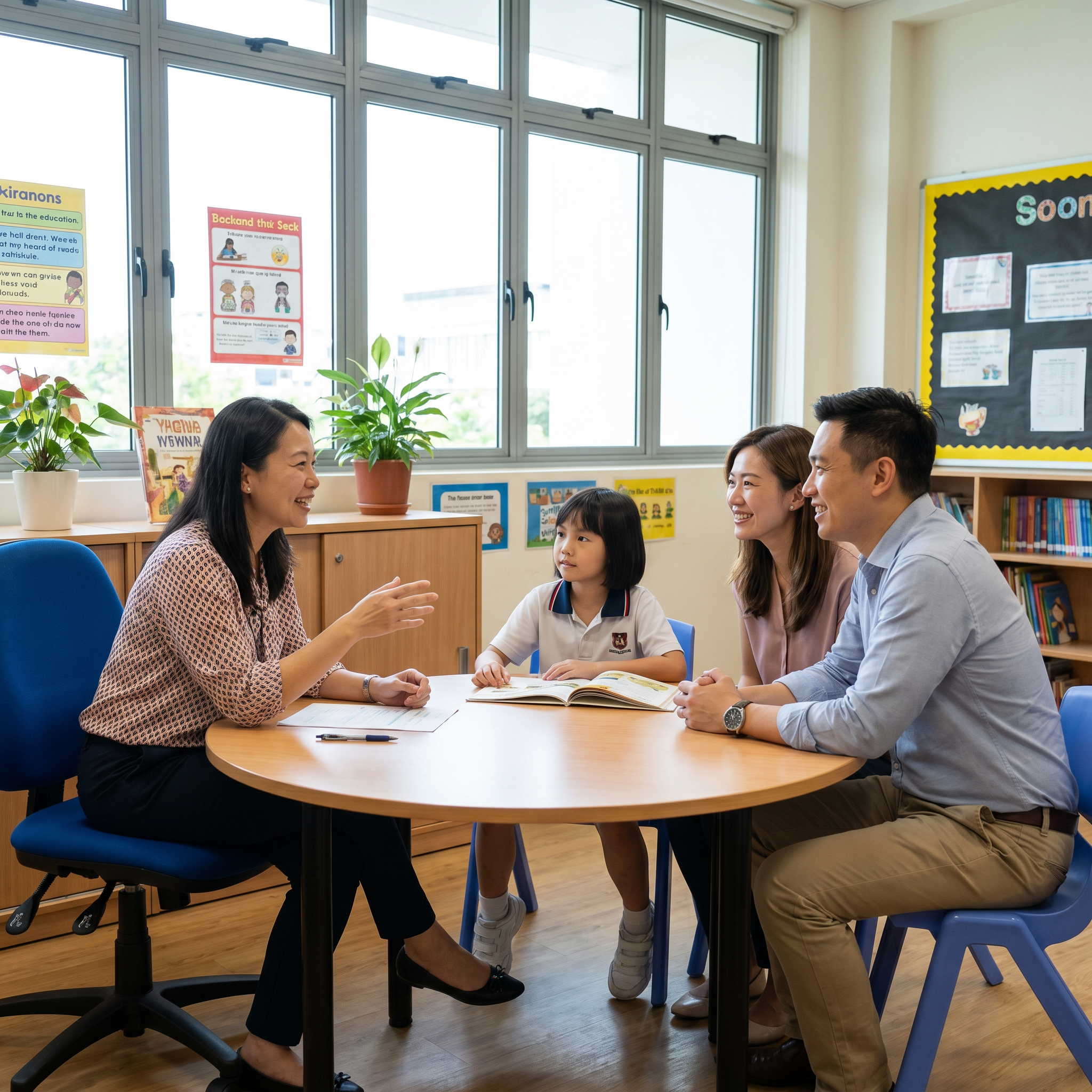 Colleagues in discussion around a table in a bright office