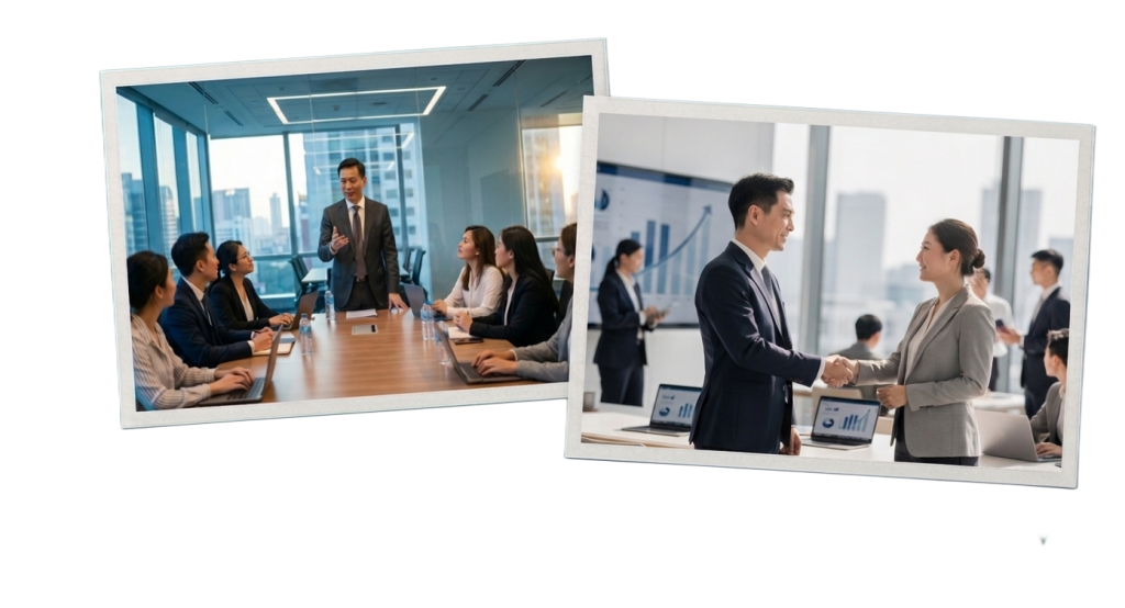Photo collage of a boardroom presentation and a business meeting