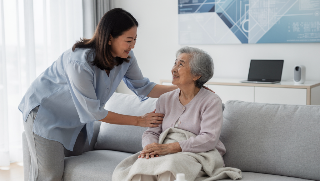 Caregiver comforting an older woman seated in a chair at home
