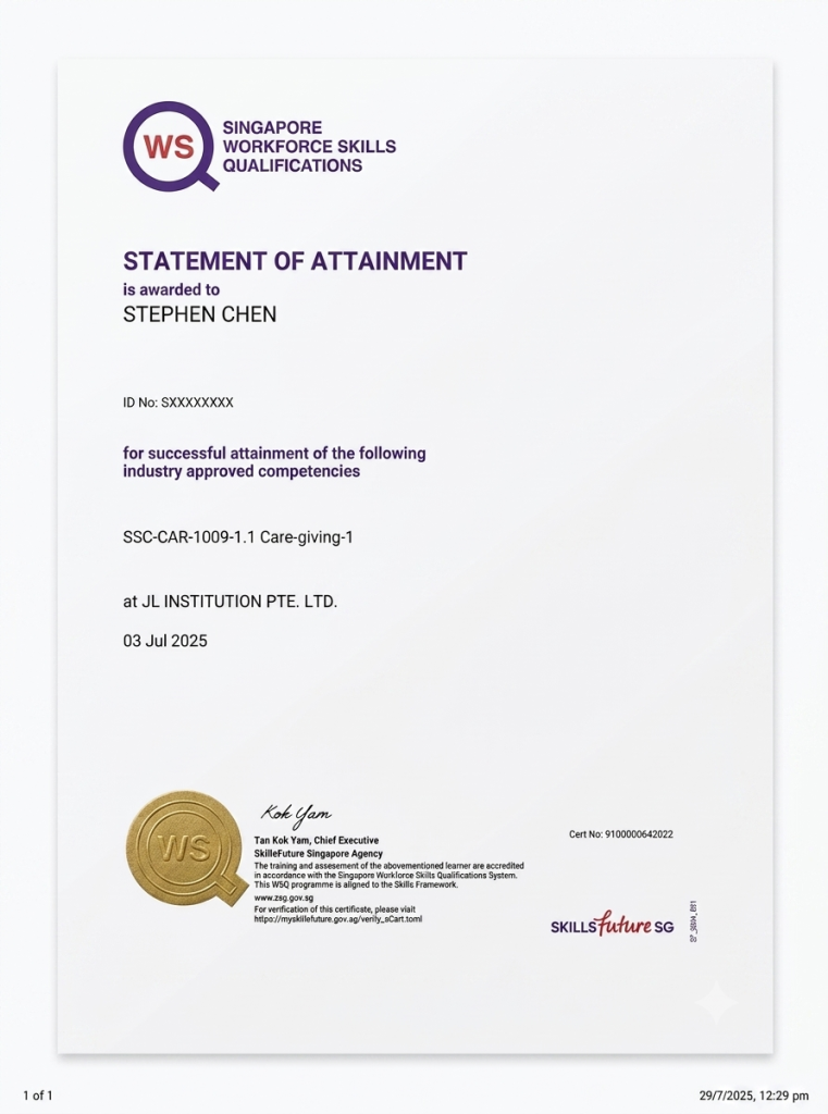 Sample WSQ Statement of Attainment certificate