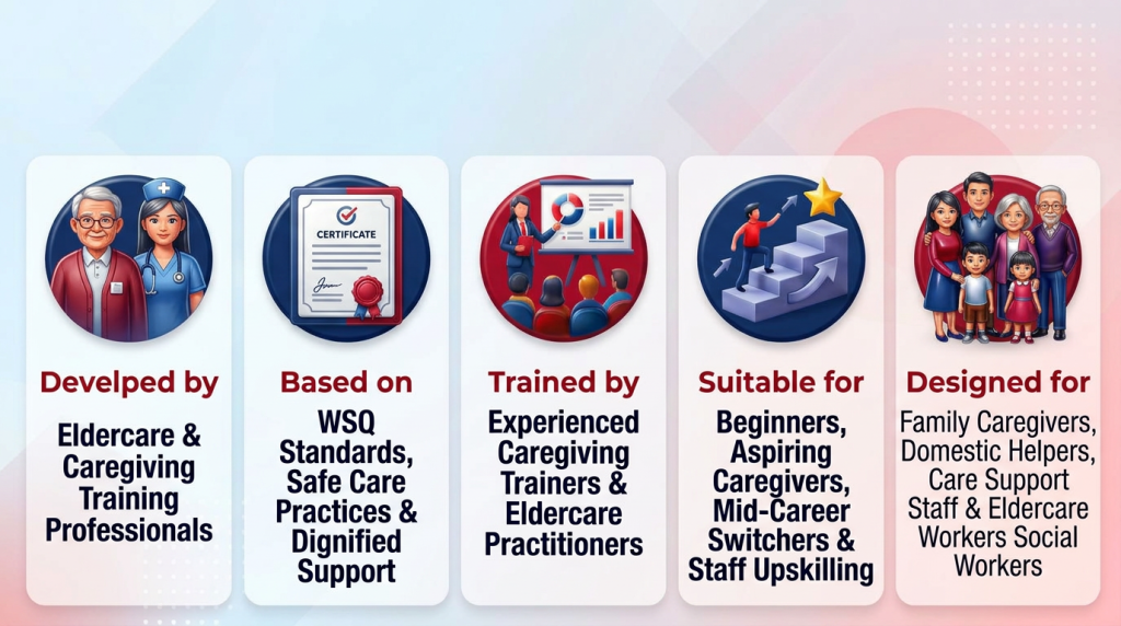 Overview of JL Institution's care assistance course covering WSQ standards, trainers and who the course suits