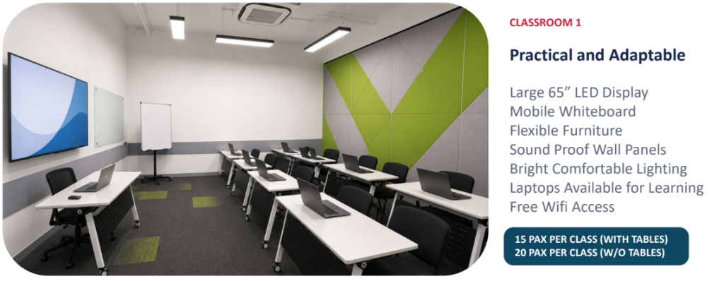 Classroom 1 at JL Institution's Singapore training centre with 65-inch LED display, mobile whiteboard and flexible desk layout
