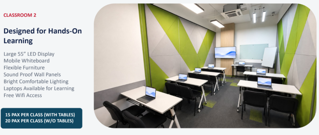 Classroom 2 at JL Institution's Singapore training centre set up for hands-on learning with LED display and mobile whiteboard