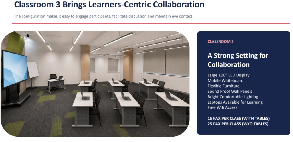 Classroom 3 at JL Institution's Singapore training centre arranged for collaborative discussion