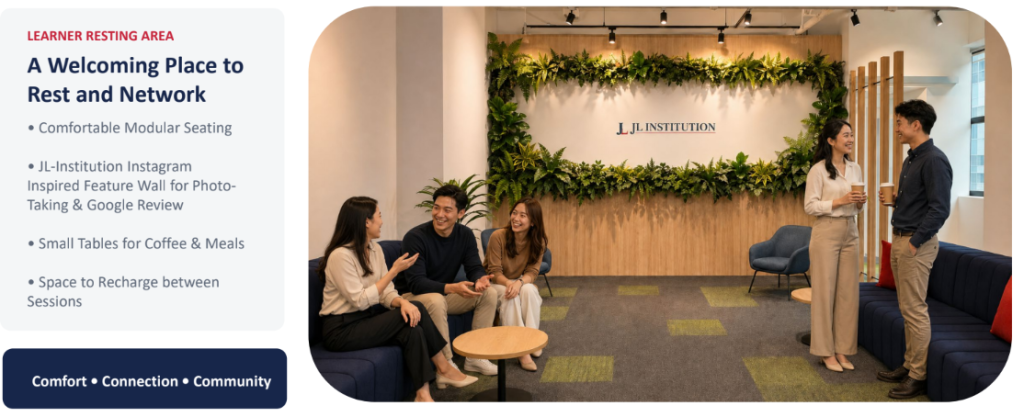 Learner resting area at JL Institution's Singapore training centre with modular seating and feature wall