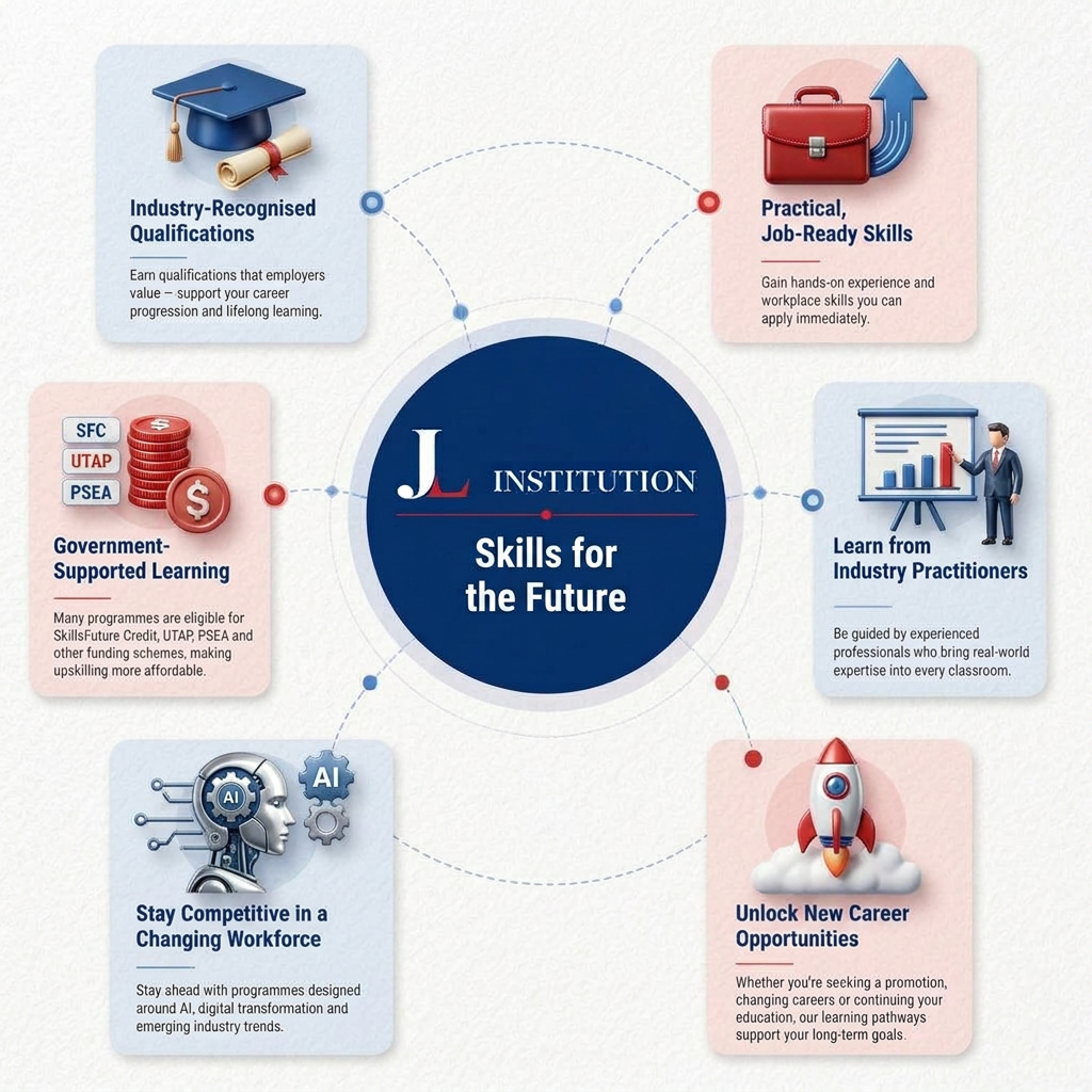 Diagram of JL Institution's Skills for the Future benefits including qualifications, job-ready skills and funding support