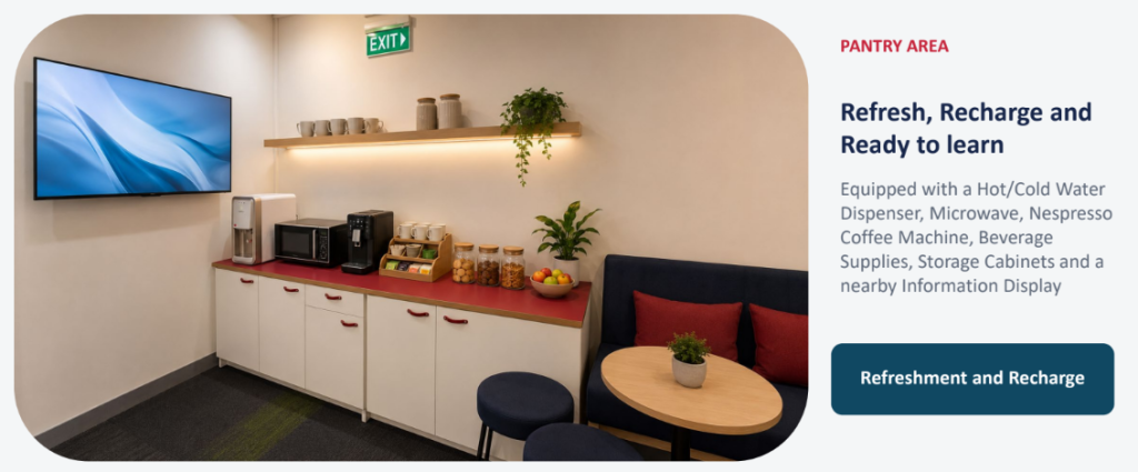 Pantry area at JL Institution's training centre in Singapore with coffee machine, water dispenser and seating
